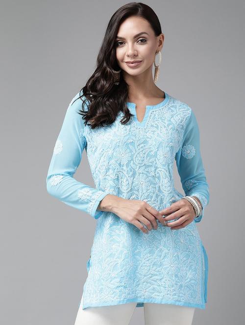 women light blue chikankari straight kurti - 18518382 -  Standard Image - 0