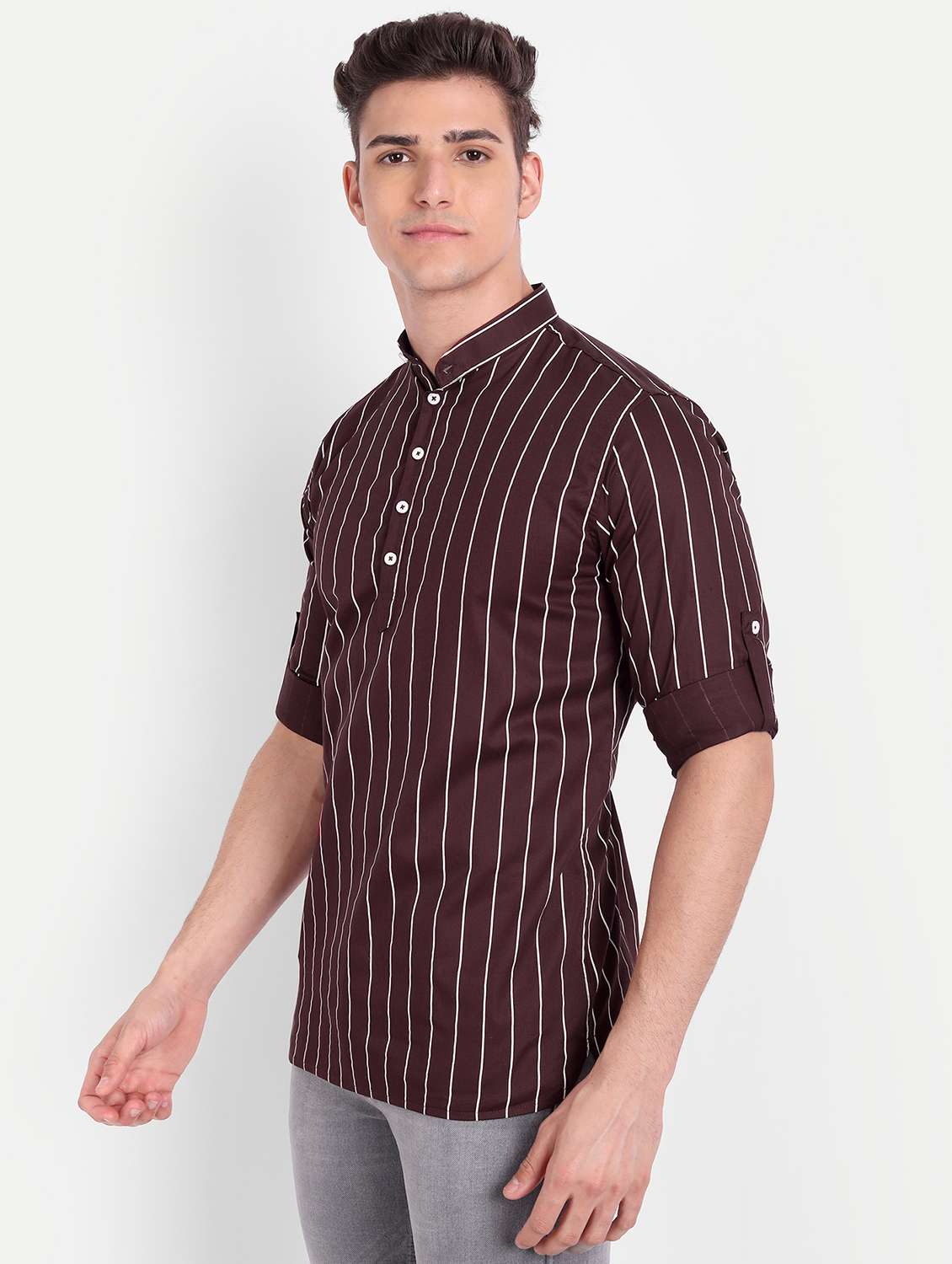 brown striped short kurta - 18519114 -  Standard Image - 1