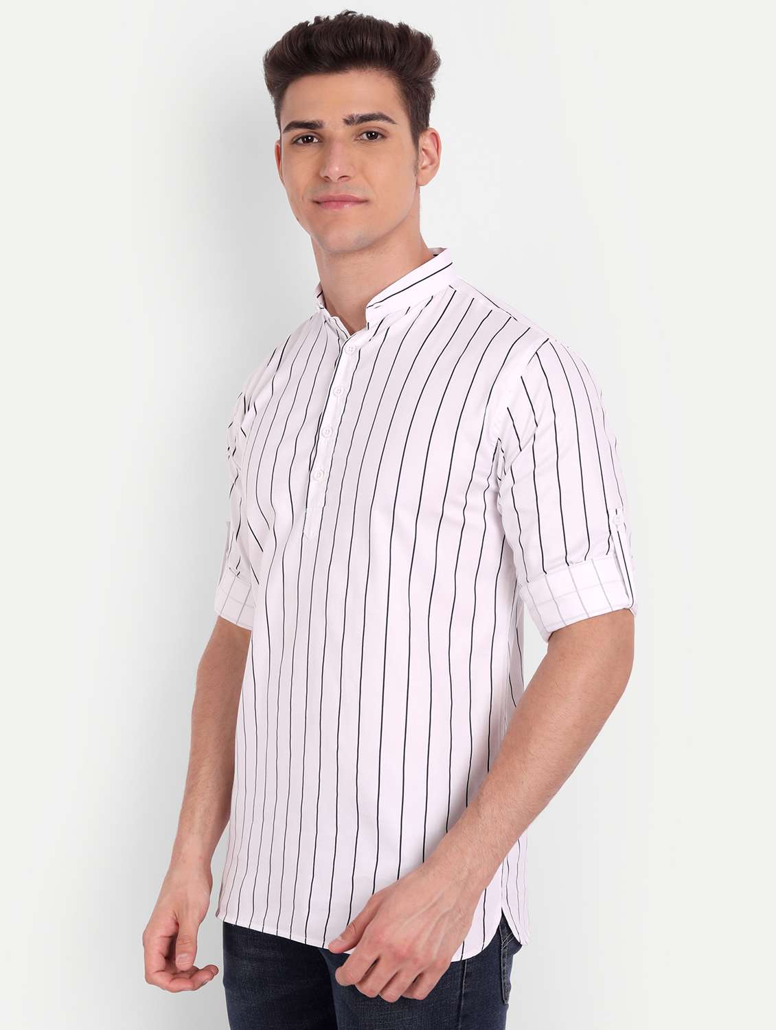white striped short kurta - 18519115 -  Standard Image - 1