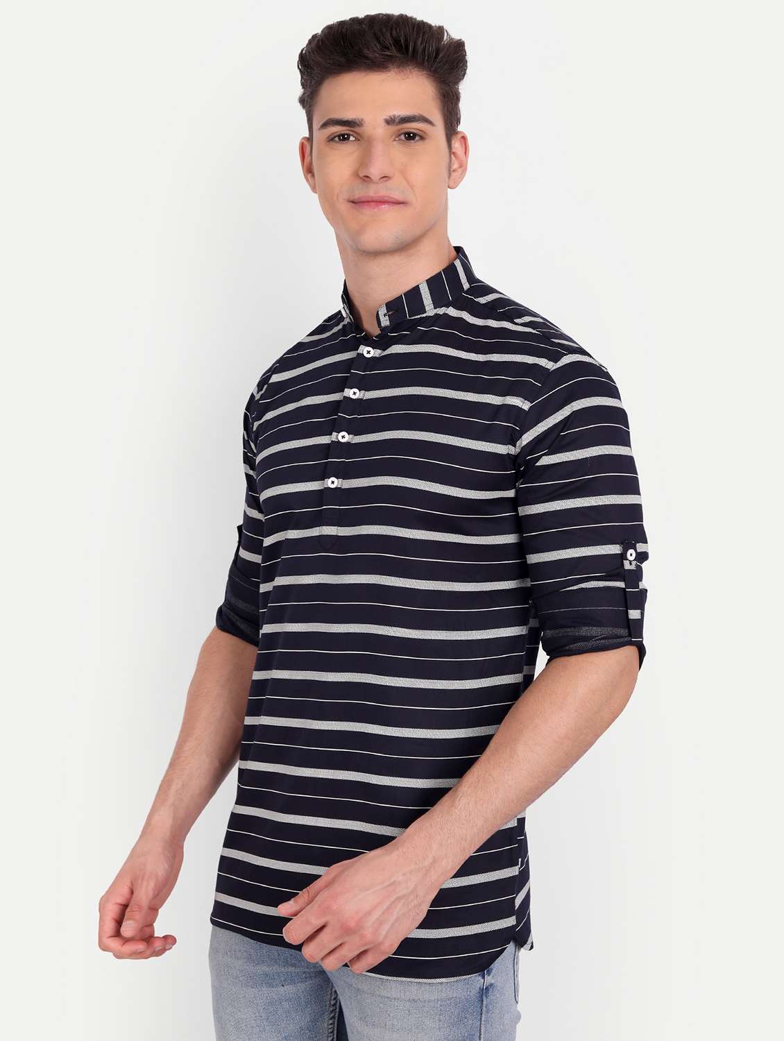 navy blue striped short kurta - 18519116 -  Standard Image - 1