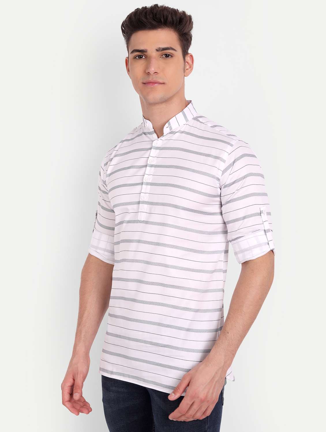 white striped short kurta - 18519117 -  Standard Image - 1