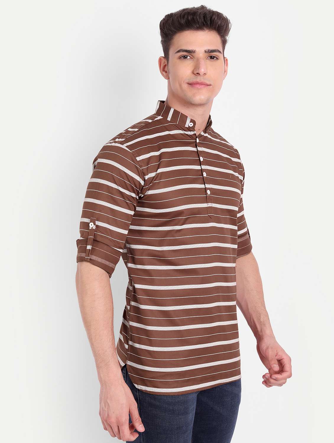 brown striped short kurta - 18519118 -  Standard Image - 1