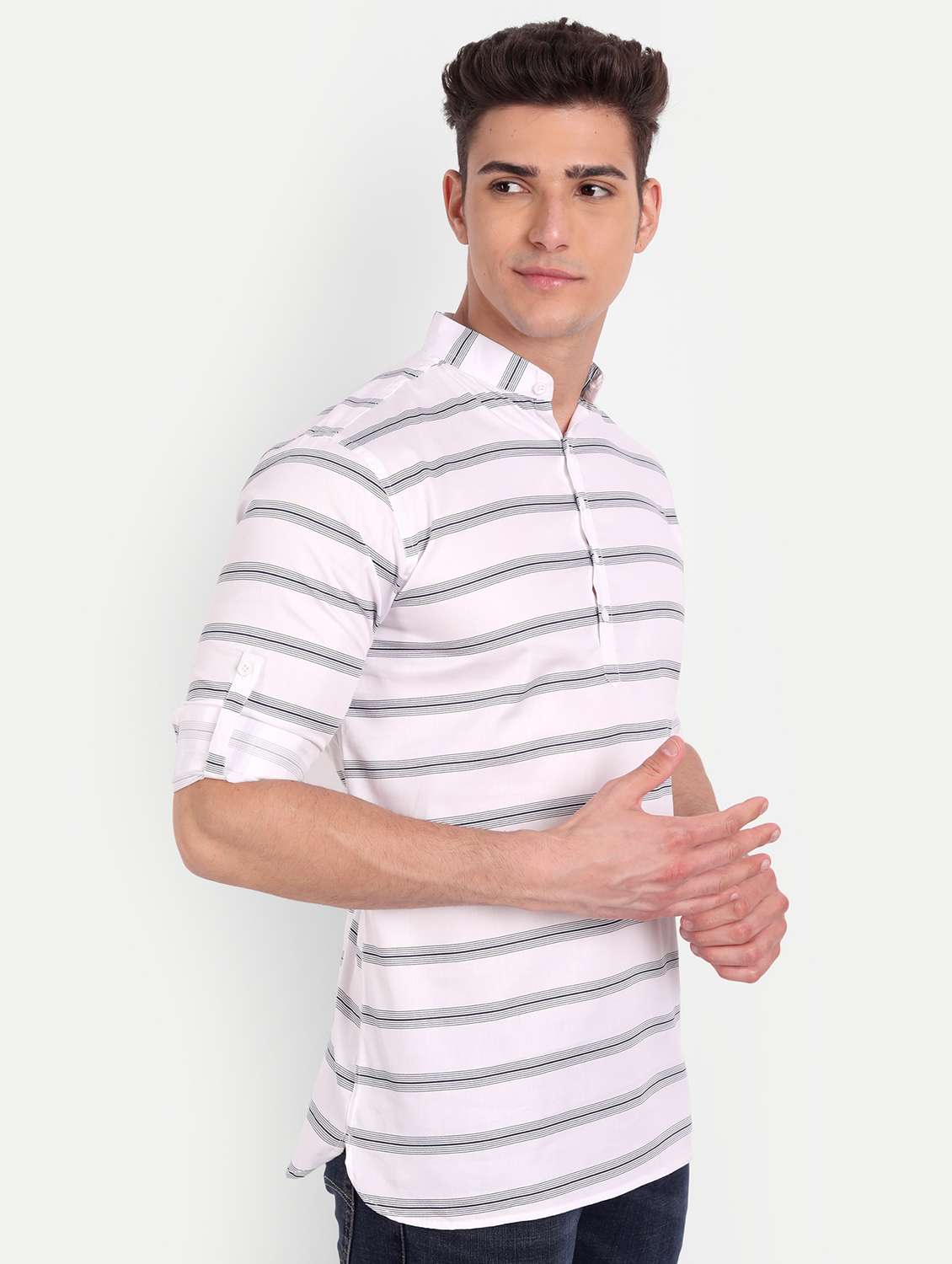 white striped short kurta - 18519120 -  Standard Image - 1