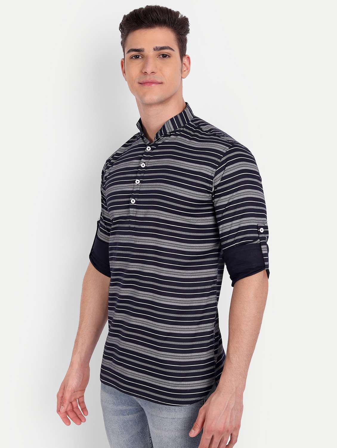 navy blue striped short kurta - 18519122 -  Standard Image - 1