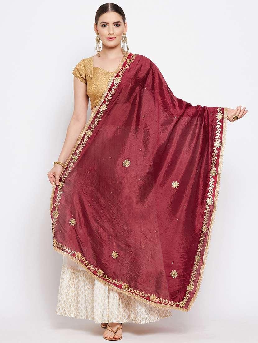 maroon embroidered lace detailed dupatta