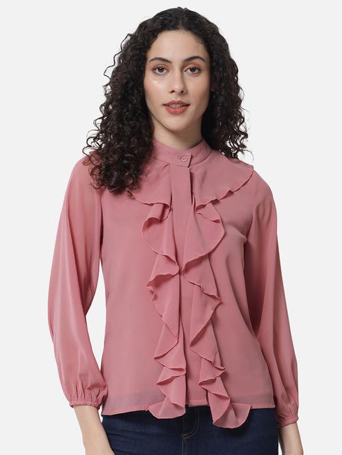 women's ruffle mandarin neck top - 18519547 - Standard Image - 0