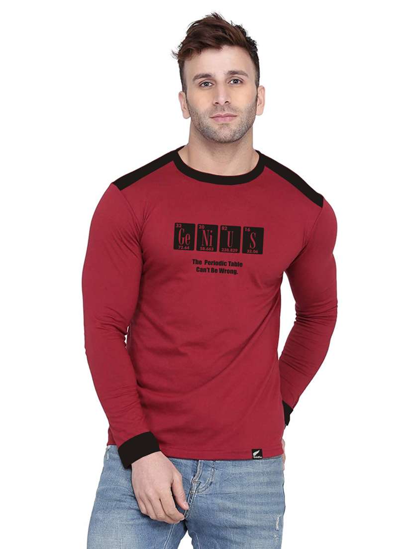 maroon chest print long sleeves t-shirt