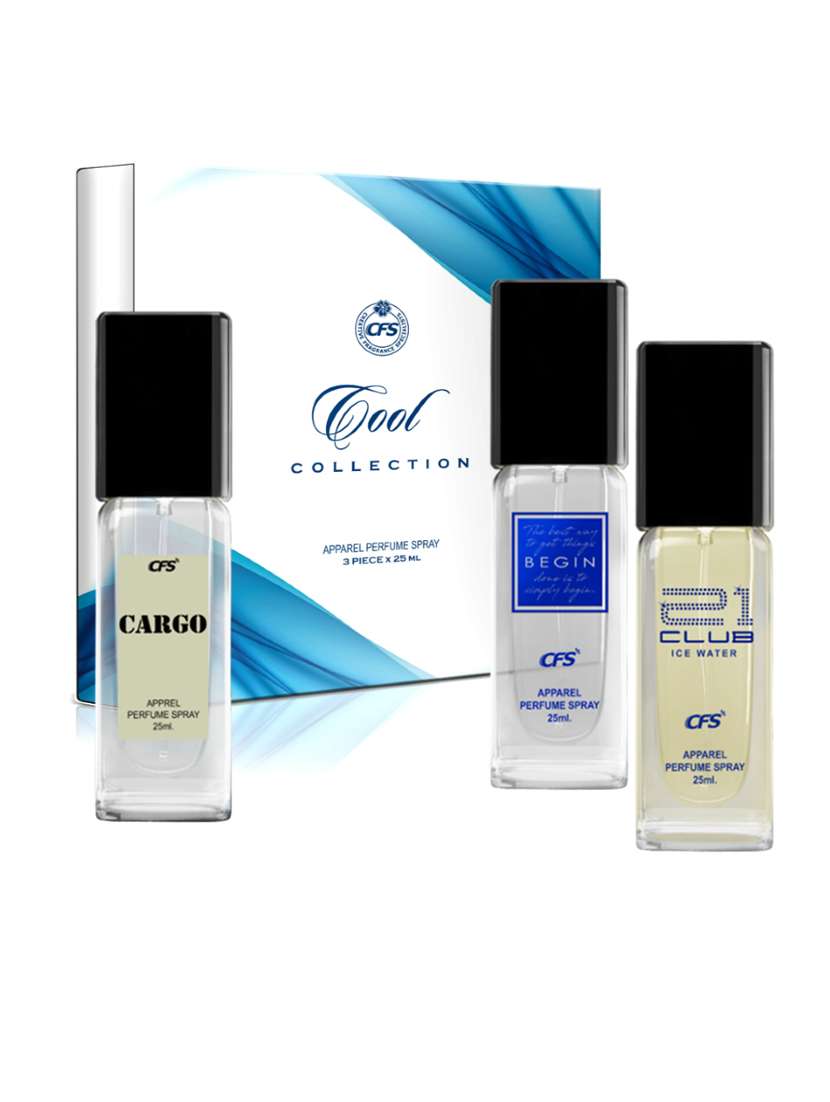 cfs cool collection unisex perfume gift set 21 ice water, cargo white, begin blue 25ml each