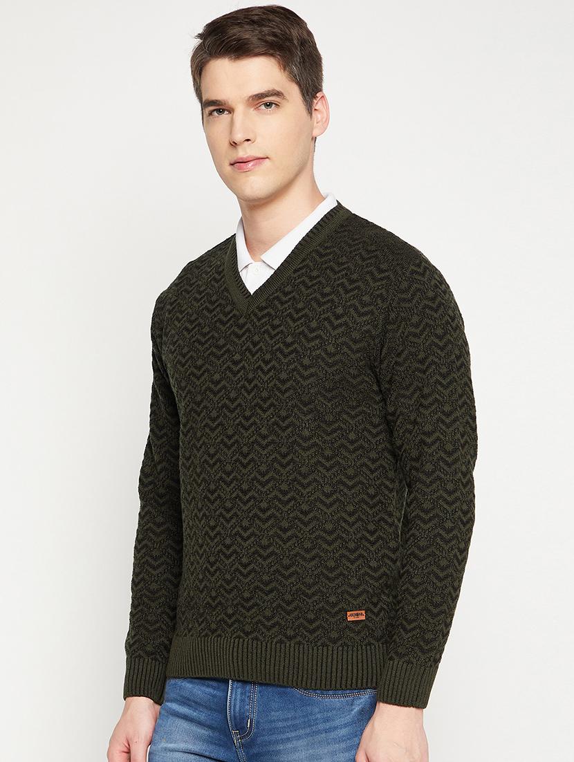 olive green self design pullover - 18522524 - Standard Image - 1
