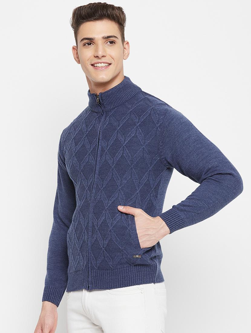 navy blue self designed pullover - 18522543 - Standard Image - 1