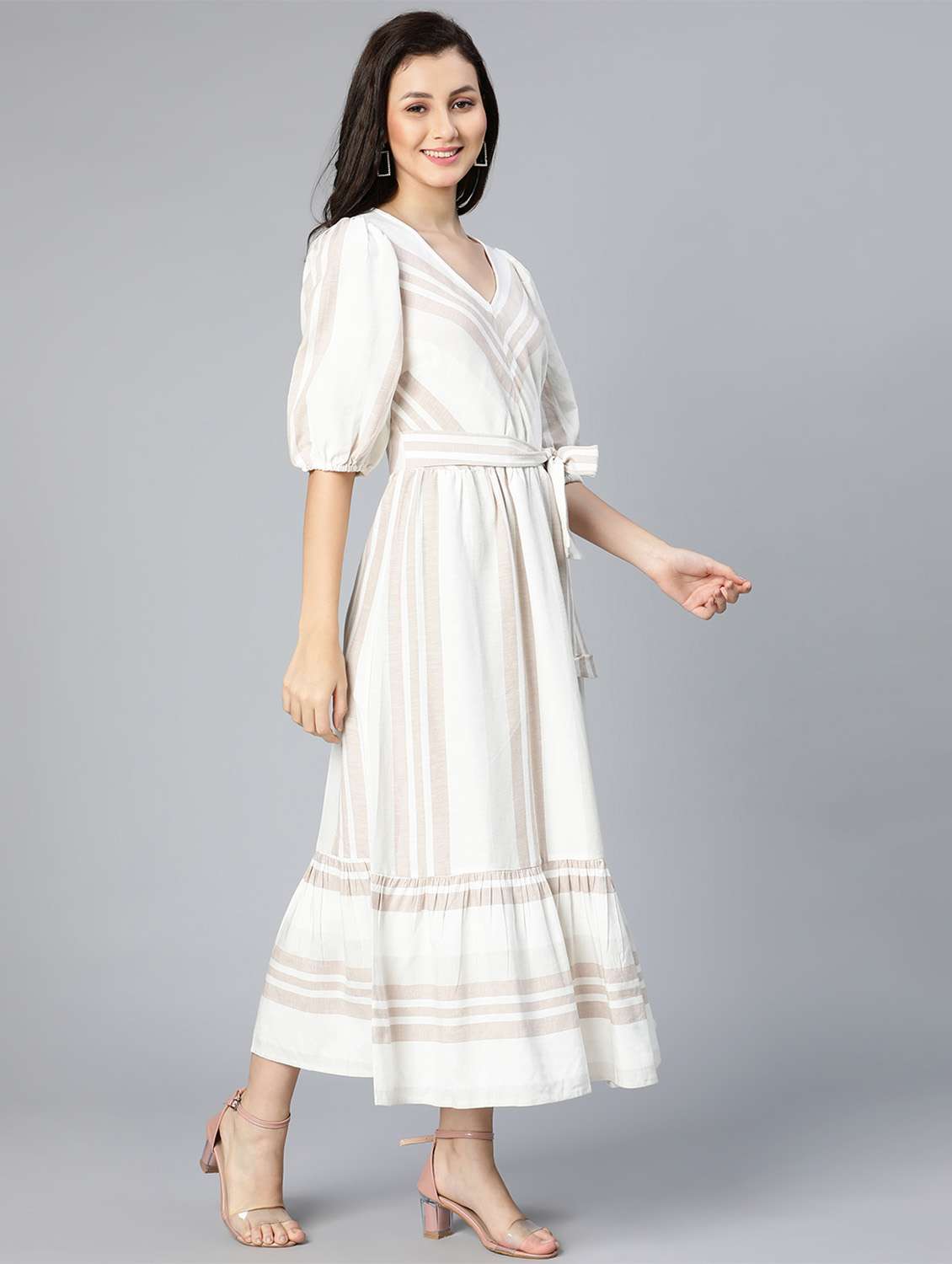 tie front striped fit and flared dress - 18523616 - Standard Image - 4