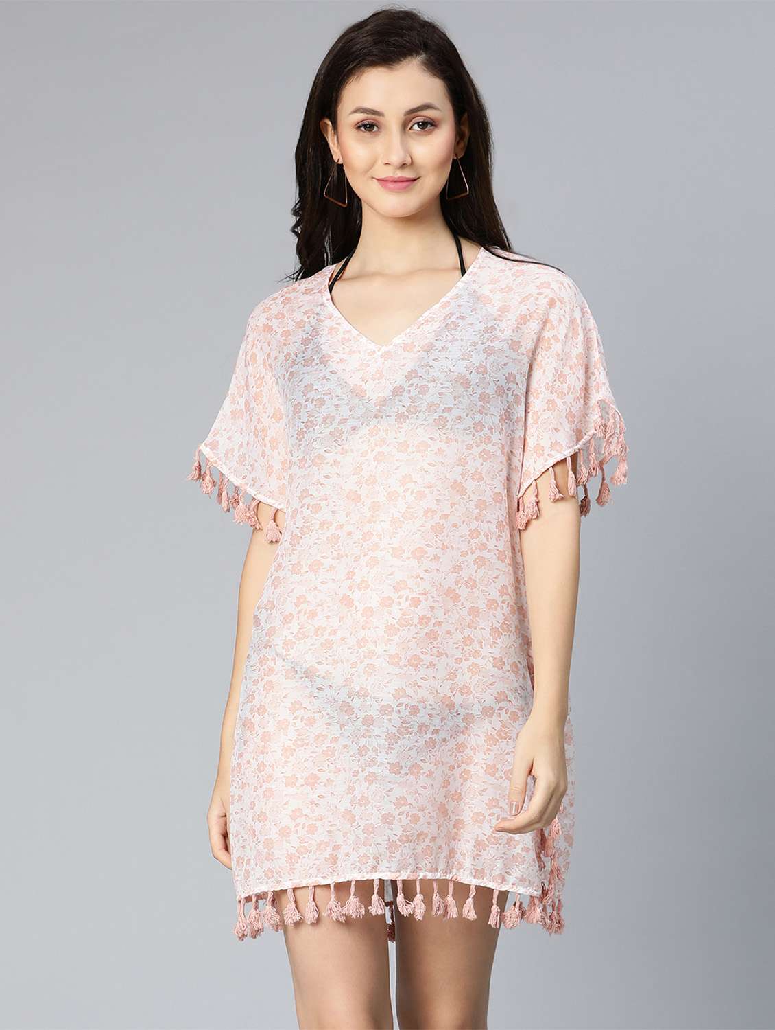 tassel detailed printed sheer kaftan