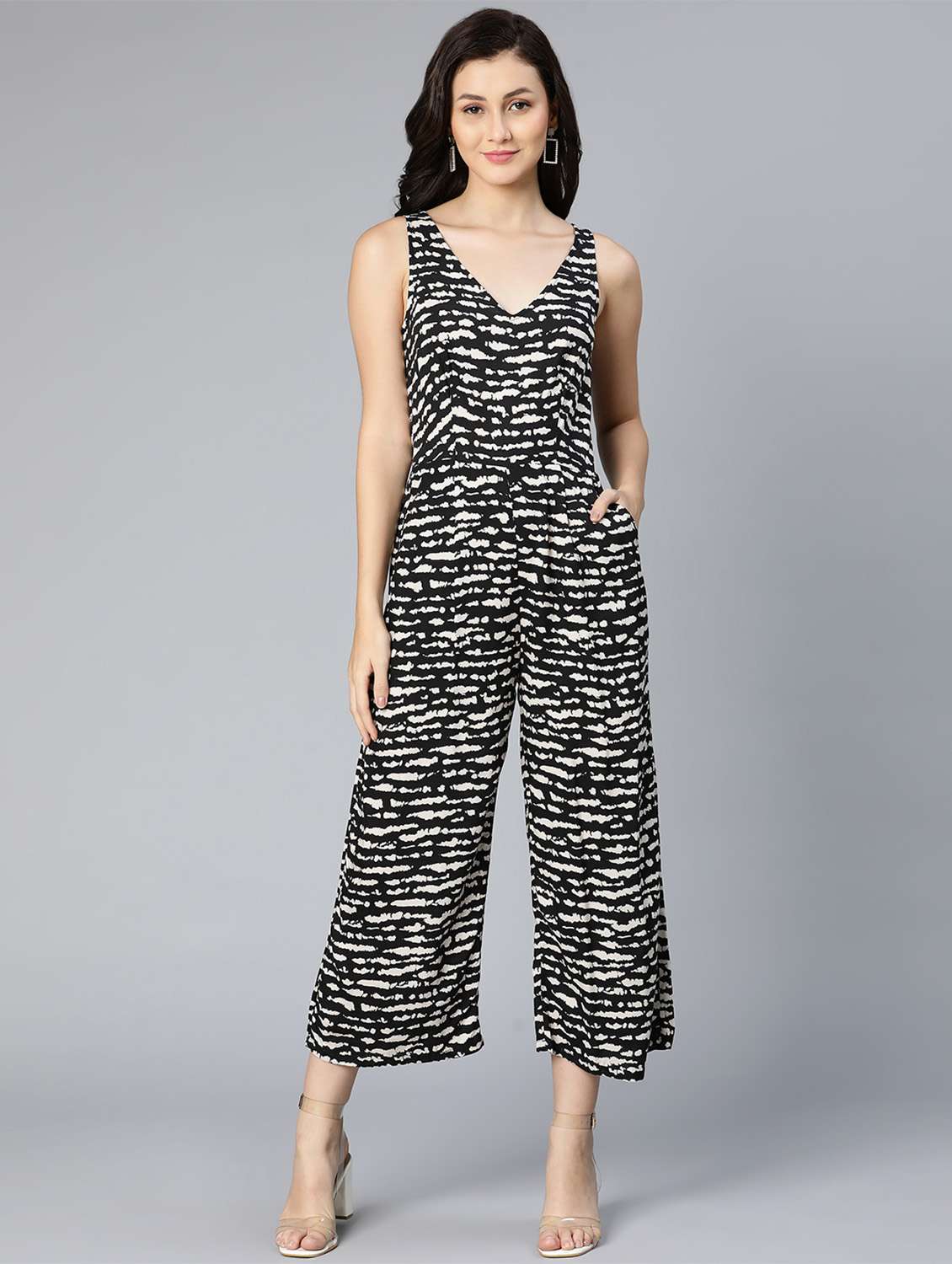 v-neck animal print full leg jumpsuit