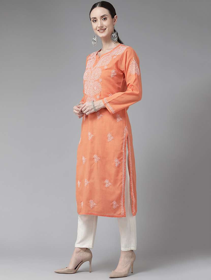ada hand-embroidered orange cotton straight kurta with chikankari work - 18524131 -  Standard Image - 1