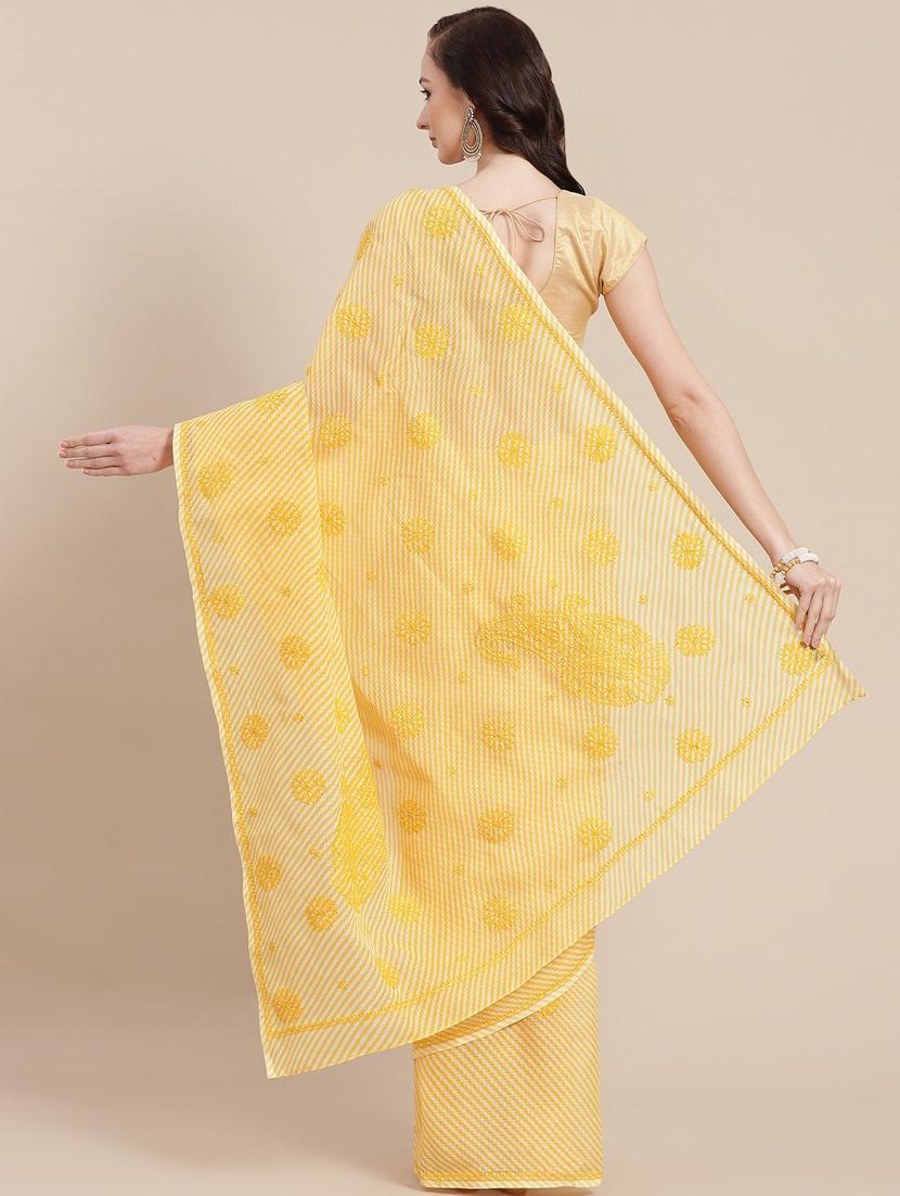ada hand-embroidered yellow kota leheriya saree with chikankari work with blouse - 18524407 -  Standard Image - 1