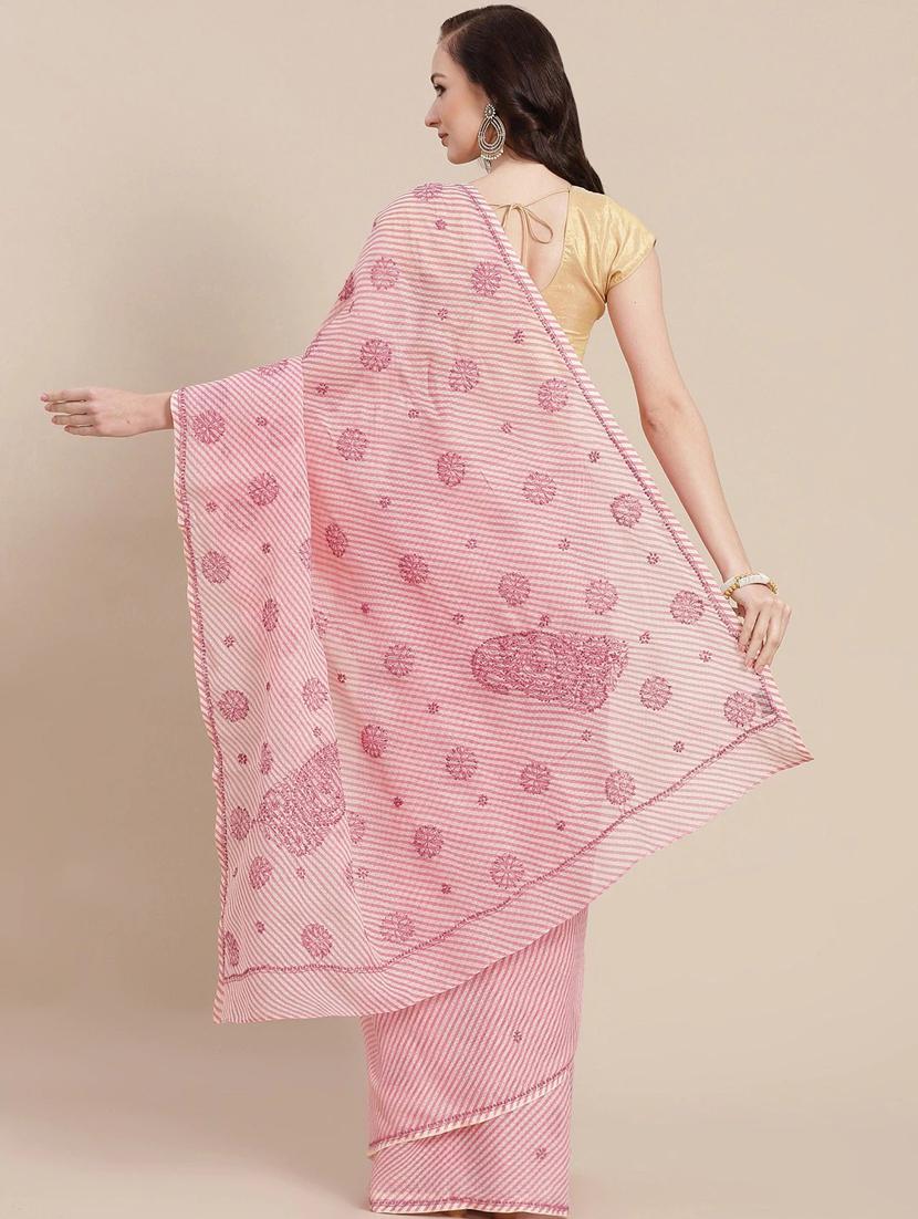 ada hand-embroidered pink leheriya chikankari saree with blouse - 18524408 - Standard Image - 1