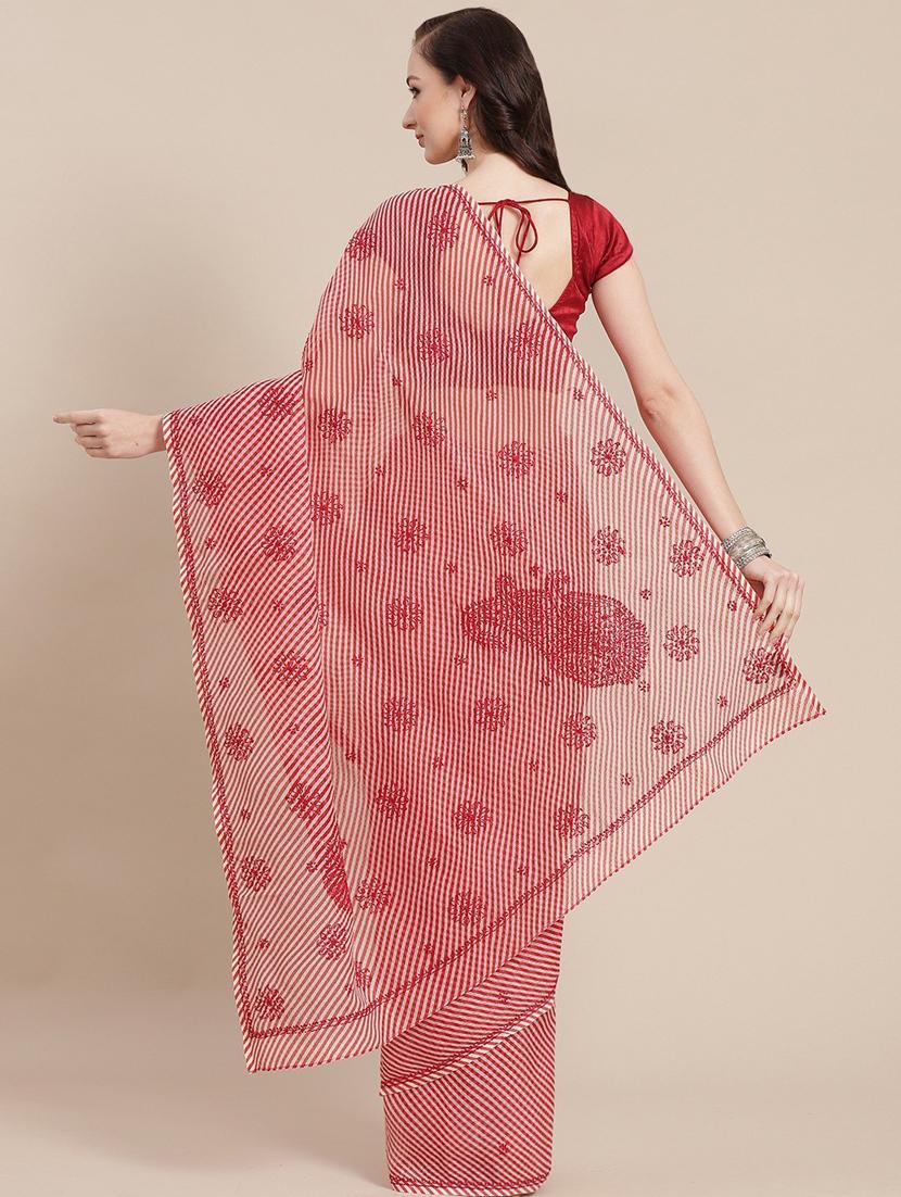 ada hand-embroidered red kota leheriya saree with chikankari work with blouse - 18524409 - Standard Image - 1