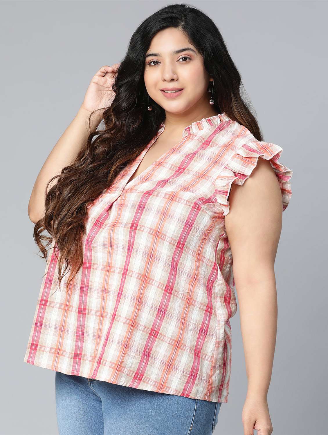 ruffled sleeved checkered plus top - 18524594 -  Standard Image - 1