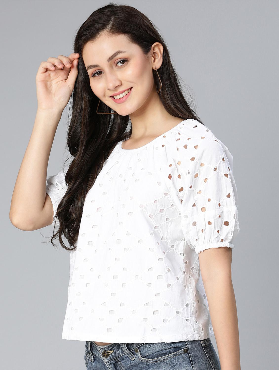 round neck schiffli work regular top - 18524612 -  Standard Image - 1