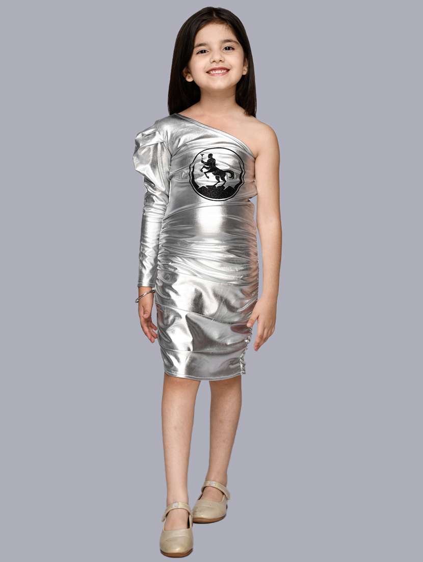 girls silver single shoulder dress 