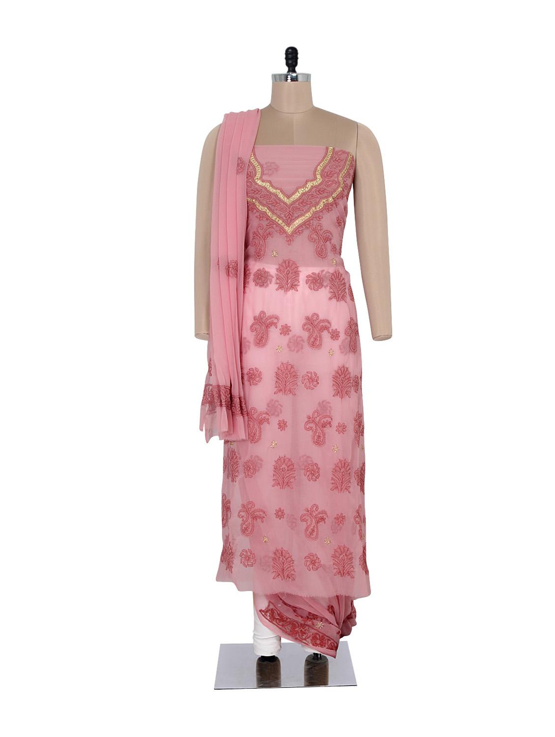 Dusty Pink Embroidered Suit Piece Set - Ada