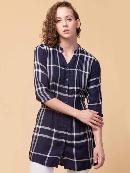 mandarin neck checkered regular tunic - 18525803 - Standard Image - 0