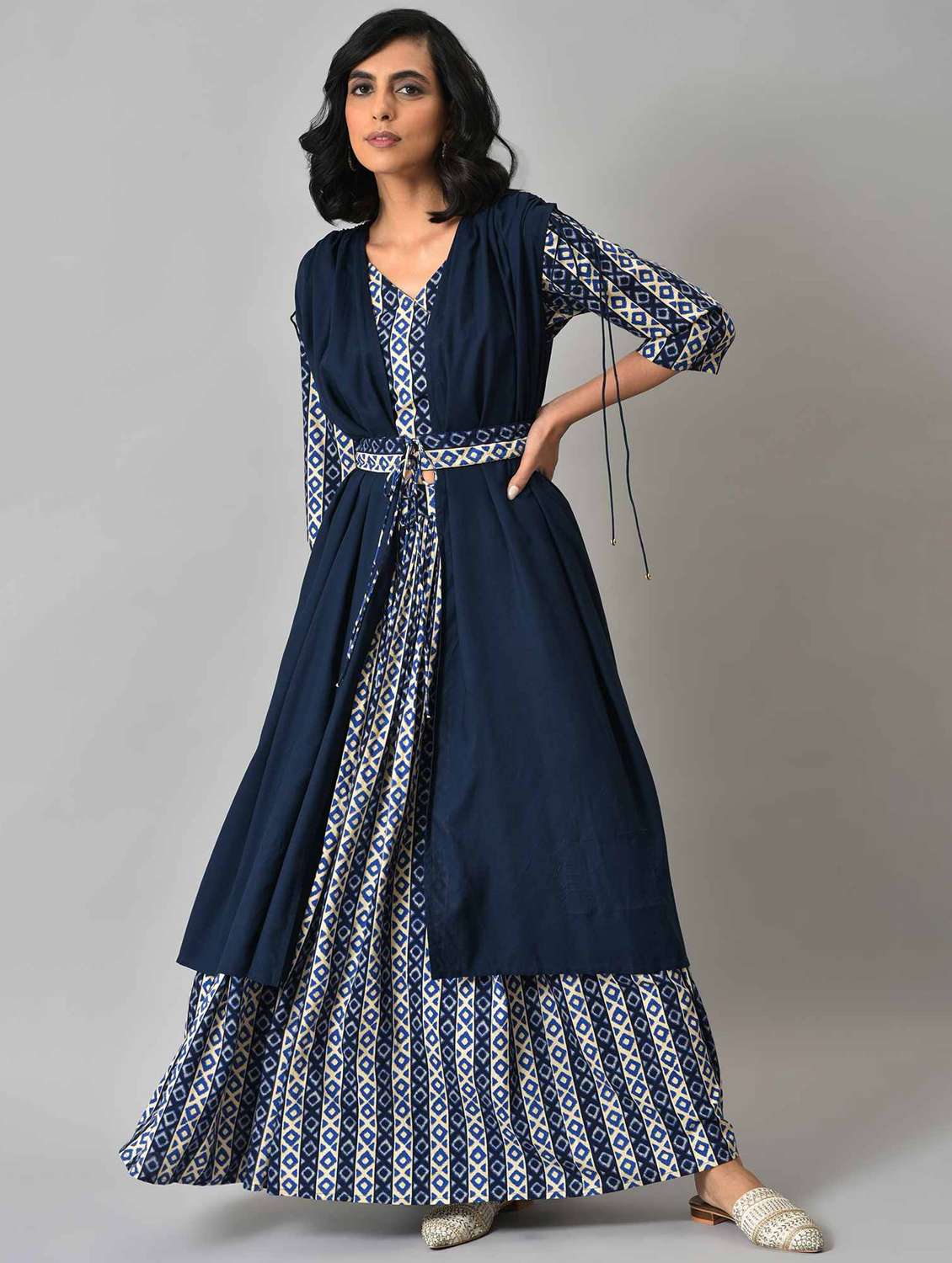 navy blue top skirt with cape & belt 