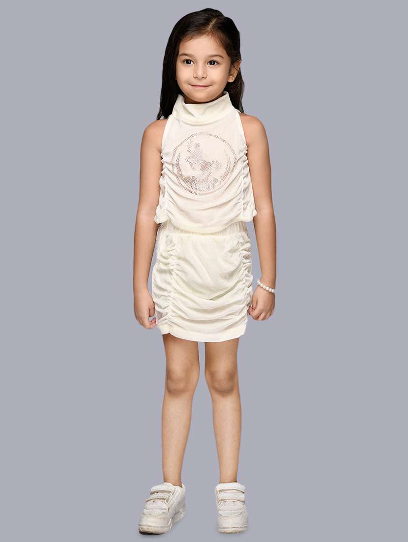 girls white embellished top & skirt set 