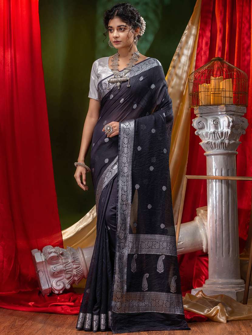 women's self design black colored saree with blouse