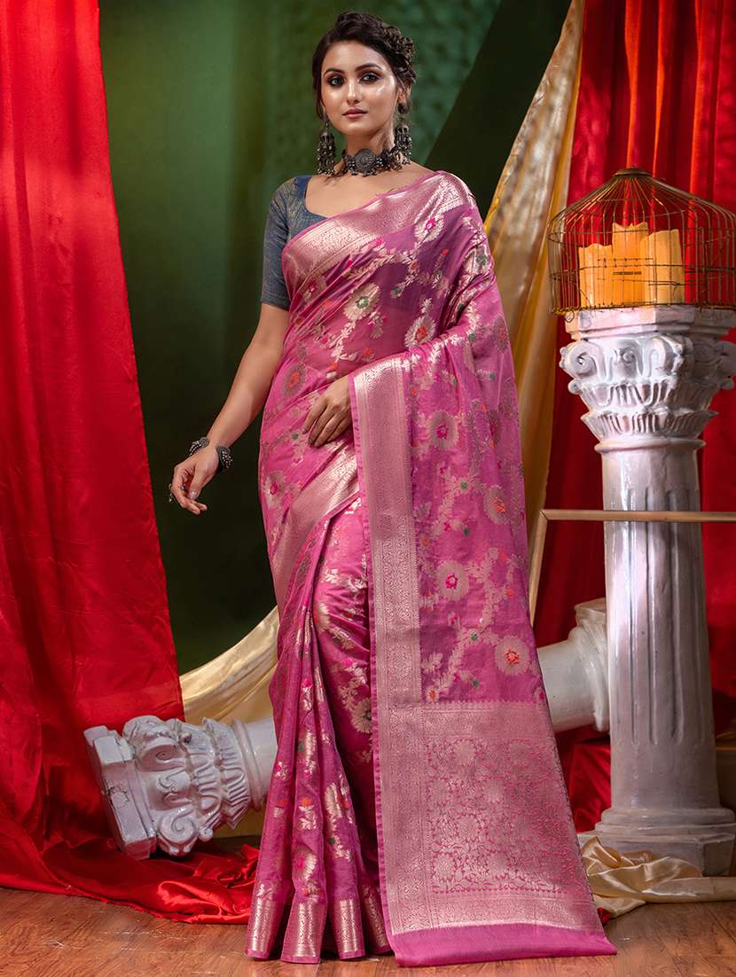 women's self design pink colored saree with blouse