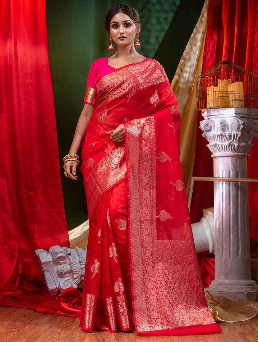 women's self design red colored saree with blouse