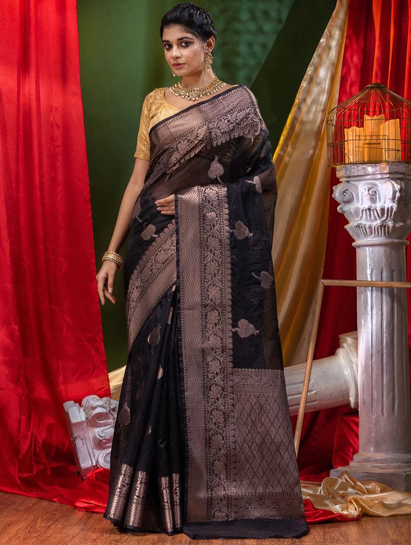 women's self design black colored saree with blouse