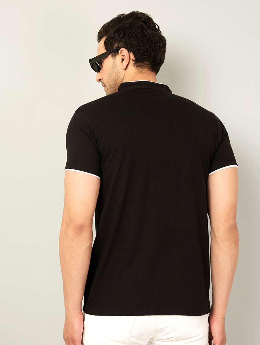men black slim fit mandarin neck solid t-shirt - 18528773 -  Standard Image - 1
