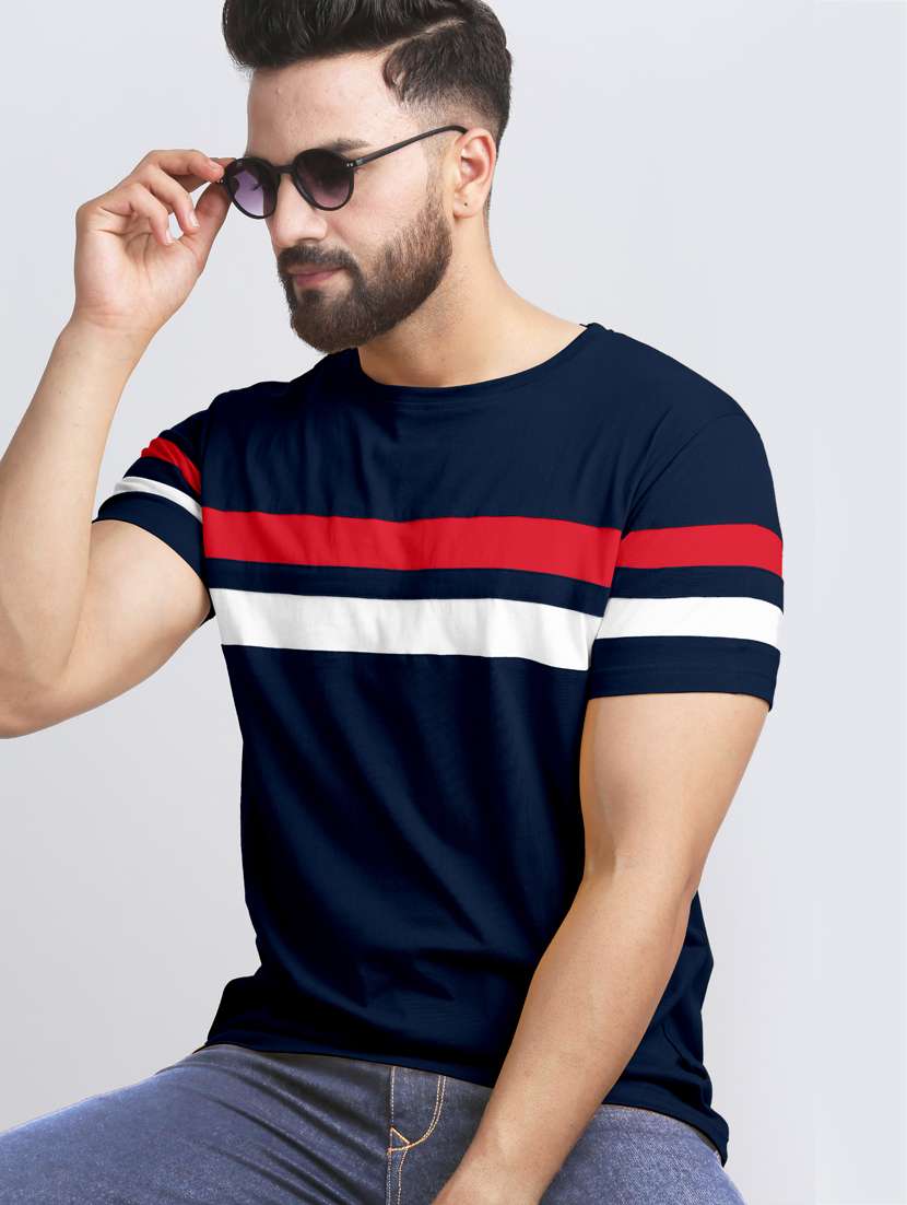 blue crew neck color blocked t-shirt