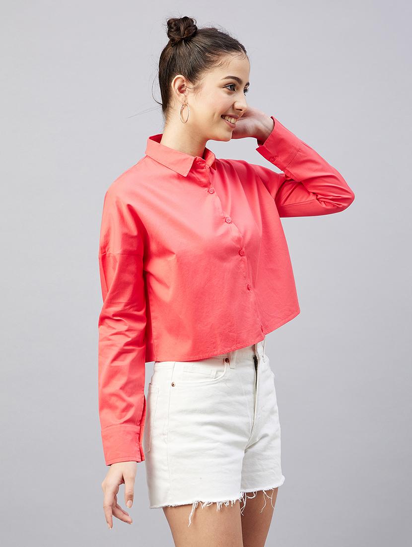 full sleeve solid drop shoulder crop shirt - 18529540 -  Standard Image - 1