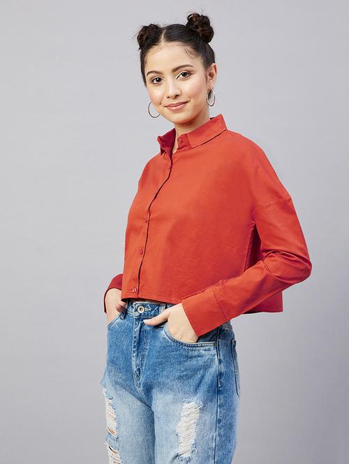 full sleeve solid drop shoulder crop shirt - 18529541 - Standard Image - 0