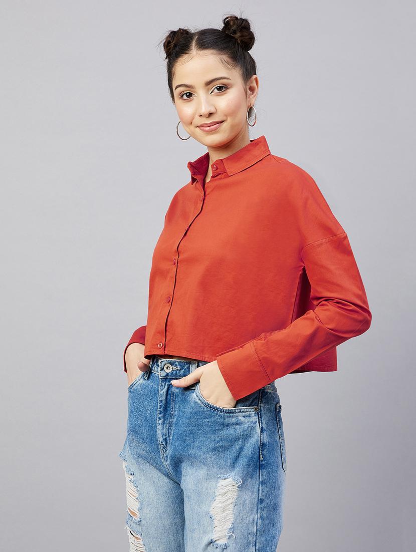 full sleeve solid drop shoulder crop shirt - 18529541 - Zoom Image - 0