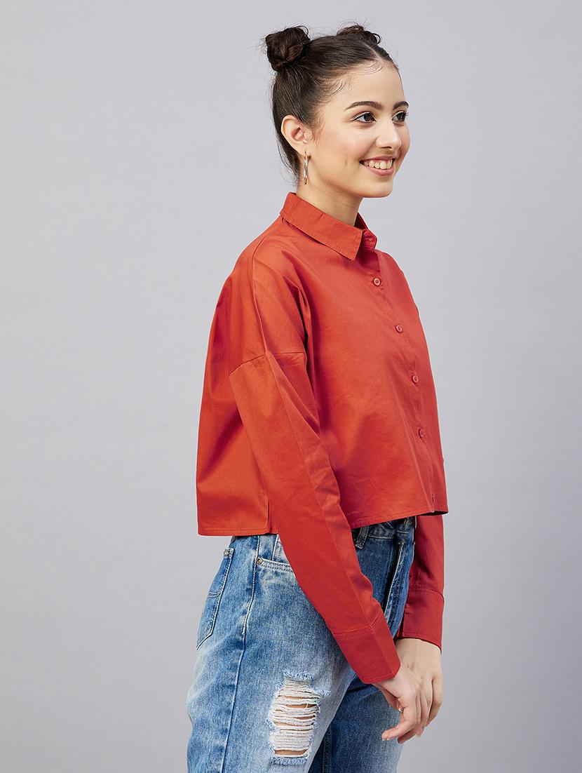 full sleeve solid drop shoulder crop shirt - 18529541 - Standard Image - 1
