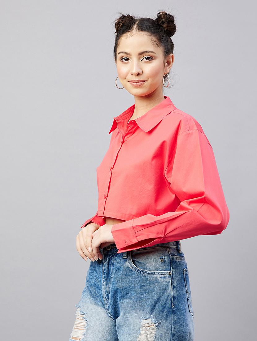 full sleeve solid crop shirt - 18529544 -  Standard Image - 1