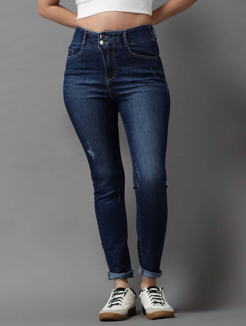 solid distressed high rise denim jeans