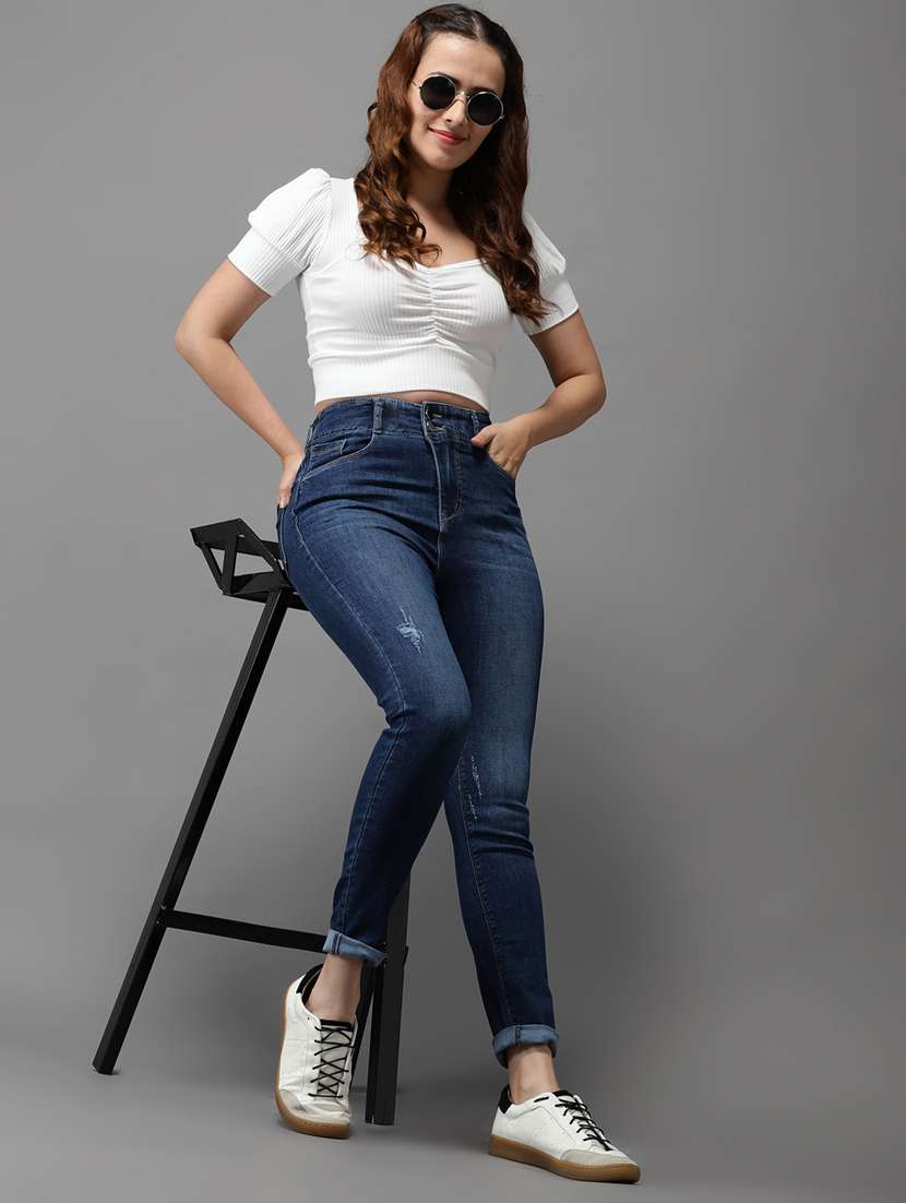 solid distressed high rise denim jeans - 18531099 -  Standard Image - 4