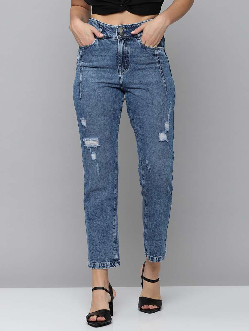 solid distressed high rise denim jeans