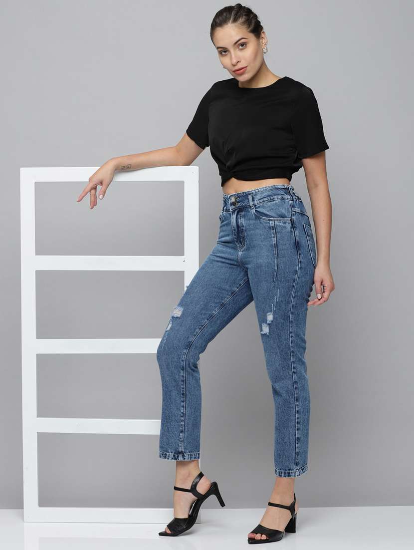 solid distressed high rise denim jeans - 18531101 -  Standard Image - 4