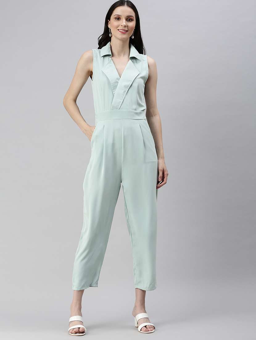 shirt collar solid full leg jumpsuit