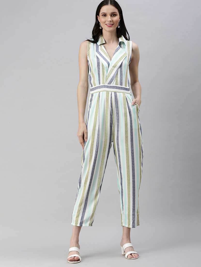 lapel neck striped full leg  jumpsuit