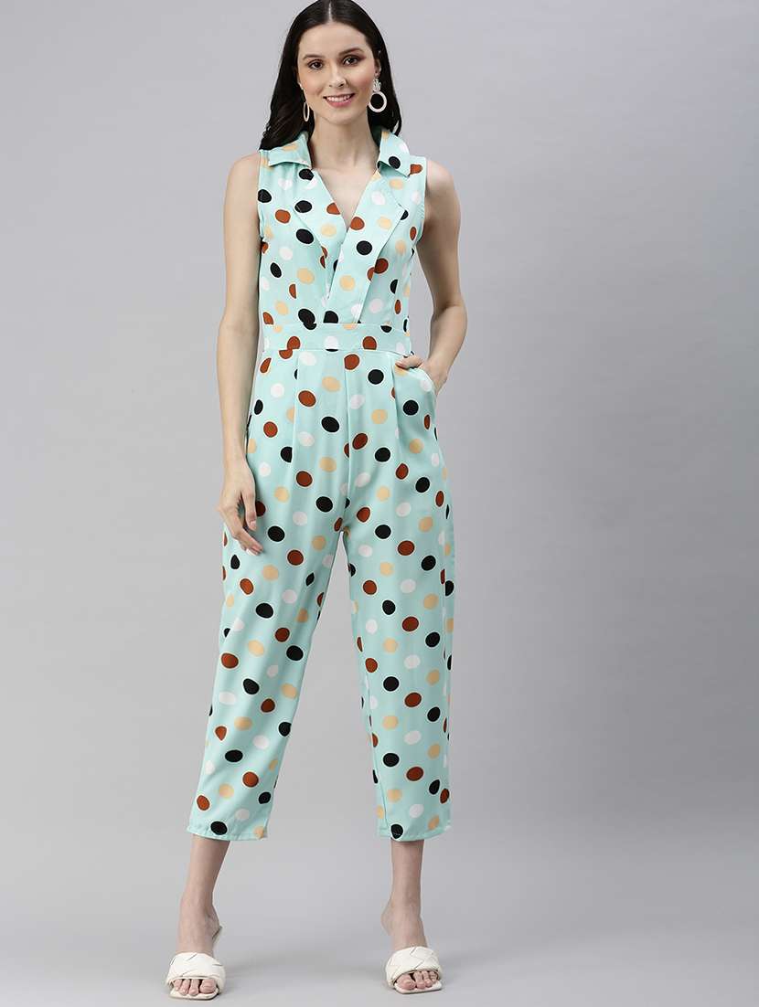 lapel neck polka dot full leg  jumpsuit