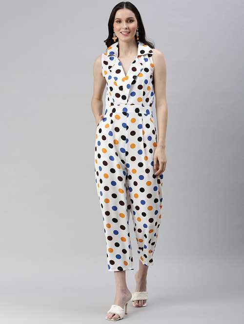 lapel neck polka dot full leg jumpsuit - 18531263 - Standard Image - 0