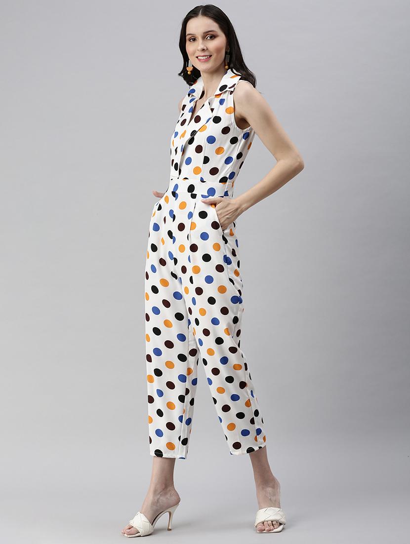 lapel neck polka dot full leg jumpsuit - 18531263 - Standard Image - 1