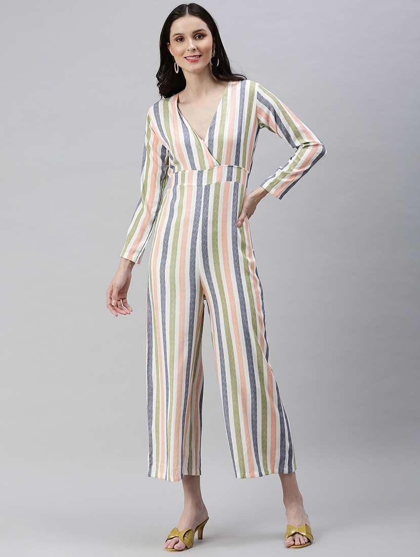 tie back striped full leg jumpsuit