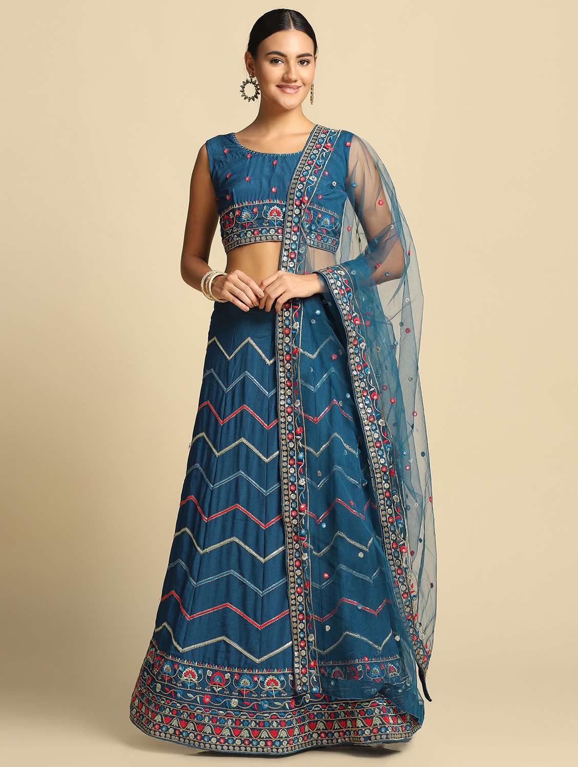 sequined semi-stitched lehenga choli with dupatta